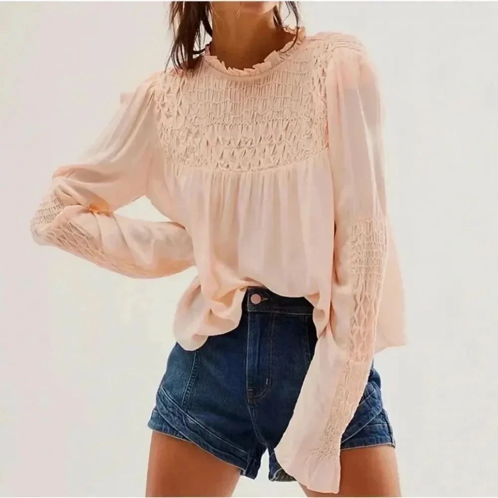 Free People Ruffle Blouse Pink Feminine XS Flowy Romantic